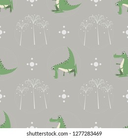 Seamless pattern funny cartoon crocodile palm trees on nature