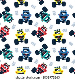 Seamless pattern, Funny cartoon cute monster trucks isolated on white background illustration vector.