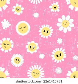 Seamless pattern with funny cartoon daisy flowers characters. Cute camomiles vector illustration.