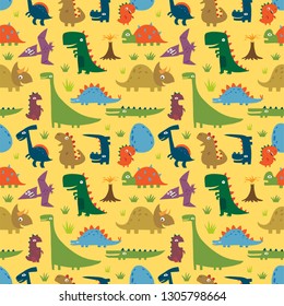 Seamless pattern with funny cartoon dinosaurs on yellow. Vector illustration. Perfectly suitable for a kidswear and accessories