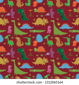 Seamless pattern with funny cartoon dinosaurs on red background. Vector illustration. Perfectly suitable for a kidswear and accessories