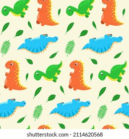 Patrón sin foco con divertidos dinosaurios de dibujos animados. Impresión cursiva para ropa infantil, textil, decoración de habitación infantil. Fondo para el bebé para tela, postal, papel para envolver, productos de regalo, papel pintado. 