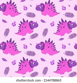 Seamless pattern with funny cartoon dinosaurs. Cute print for children clothes, textile, nursery room decor. Baby background for fabric, postcard, wrapping paper, gift products, wallpaper. 