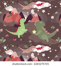 Seamless pattern, funny cartoon dragon character, Vector illustration. Cute and funny, childish characters, for kids fabrics and design. Dinosaur background.