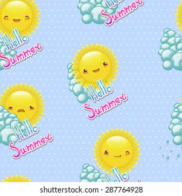 Seamless pattern of funny cartoon drawings of the sun with different emotions on a blue background