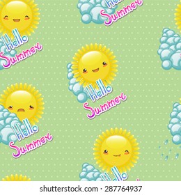 Seamless pattern of funny cartoon drawings of the sun with different emotions on light green background