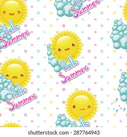 Seamless pattern of funny cartoon drawings of the sun with different emotions on a background of stars and circles