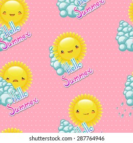 Seamless pattern of funny cartoon drawings of the sun with different emotions on a pink background