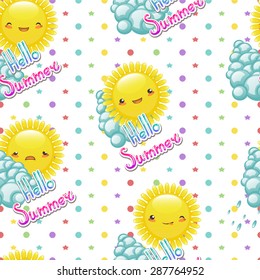 Seamless pattern of funny cartoon drawings of the sun with different emotions on the background of bright stars and circles