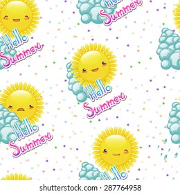 Seamless pattern of funny cartoon drawings of the sun with different emotions on the background of colored stars