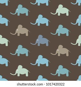 Seamless pattern with funny cartoon elephants on dark background. Flat design. Vector illustration