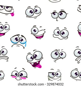 Seamless pattern with funny cartoon emoticons faces on white background