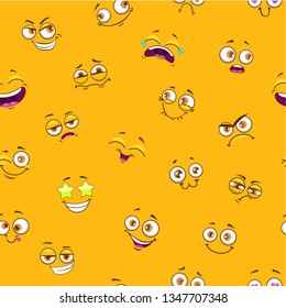 Seamless pattern with funny cartoon faces on yellow background. Comic emoji texture. Vector illustration.