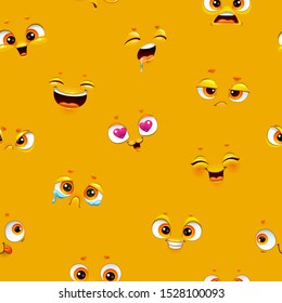 Seamless pattern with funny cartoon faces on yellow background. Cute emoji face texture. Vector childish wallpaper.