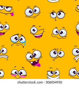 Seamless pattern with funny cartoon faces on yellow background svg