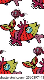 Seamless pattern with funny cartoon fish characters