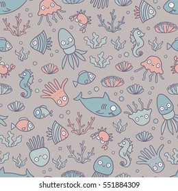 Seamless pattern with funny cartoon fish, crab, octopus, jelly fish, sea horse, shark and squid. Tile background for your design, fabric textile, wallpaper or wrapping paper. Adorable doodle animals. 