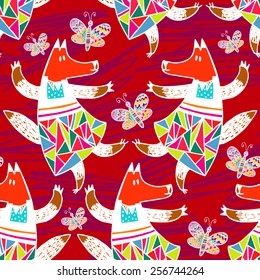 Seamless pattern with funny cartoon fox and butterfly. Vector hand drawn animals on red background with lines. Geometric ornament.