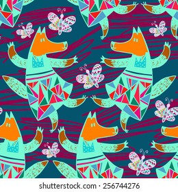Seamless pattern with funny cartoon fox and butterfly. Vector hand drawn animals on colorful background with lines. Geometric ornament.