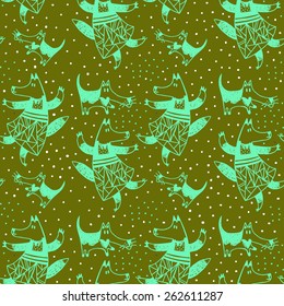 Seamless pattern with funny cartoon fox and dog. Vector hand drawn animals on olive background with little spots. Starry sky. Geometric ornament.