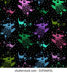 Seamless pattern with funny cartoon fox and dog. Vector hand drawn animals on black background with little spots. Starry sky. Geometric ornament. Cloth design.