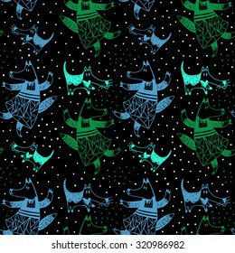 Seamless pattern with funny cartoon fox and dog. Vector hand drawn animals on black background with little spots. Starry sky. Geometric ornament. Cloth design.