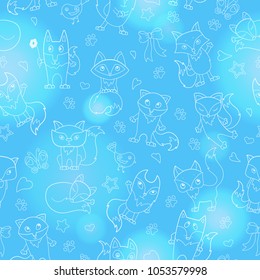 Seamless pattern with funny cartoon foxes, white outline on a blue background