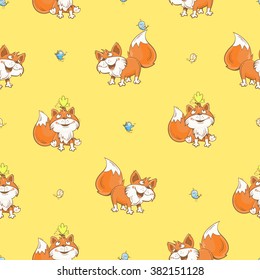 Seamless pattern with funny cartoon  foxes, birds  and butterflies on  yellow background. Vector image.