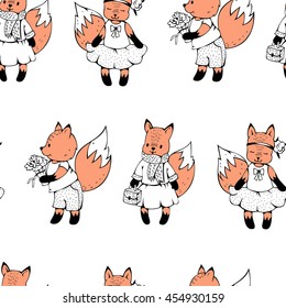 Seamless pattern with funny cartoon Foxes. Vector illustration.