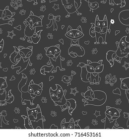 Seamless pattern with funny cartoon foxes white outline on a dark background