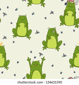 Seamless pattern with funny cartoon frogs. Vector background.