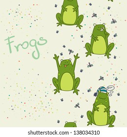 Seamless pattern with funny cartoon frogs. Hand drawn vector background.