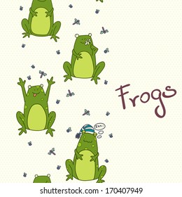 Seamless pattern with funny cartoon frogs. Hand drawn vector texture on polka dot background.