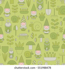 Seamless pattern with funny cartoon gnomes, mushrooms, snails and flowers . Tile background for your design, fabric textile, wallpaper or wrapping paper. Adorable doodle fairy Lilliputians