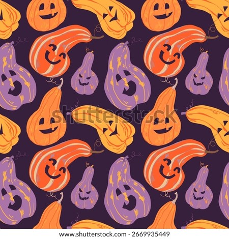 Seamless pattern with funny cartoon gourds decorated like jack-o-lanterns. Purple, orange and yellow squashes with smiling faces on a dark background.