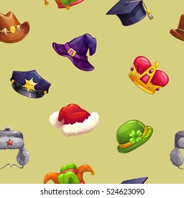 Seamless pattern with funny cartoon hats. Vector texture.