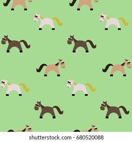 Seamless pattern of Funny cartoon horse on the green background. Vector illustration for children's wallpaper.