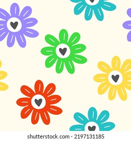 Seamless pattern. Funny cartoon illustration. Vector icon of colorful chamomile with hearts. Comic element for sticker, graphic tee print, bullet journal cover, card. 1990s style. Bright colors.