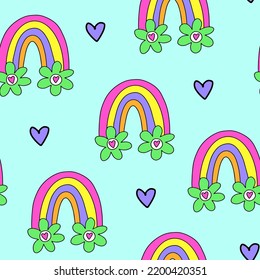 Seamless pattern. Funny cartoon illustration. Vector icon of rainbows with hearts. Comic element for sticker, graphic tee print, bullet journal cover, card. 1990s style. Bright neon colors.