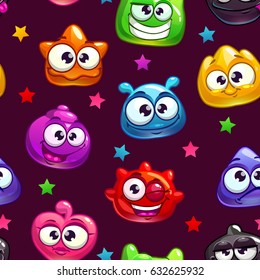 Seamless pattern with funny cartoon jelly monsters.Vector childish texture.