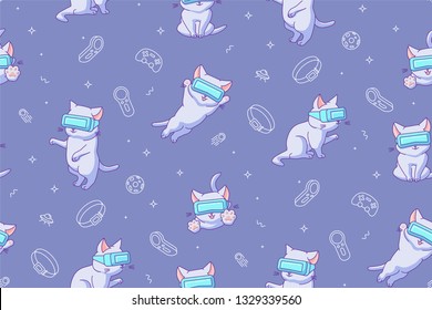 Seamless pattern with funny cartoon kittens with VR devices in a virtual reality space. Flat linear style. Suitable for wrapping paper, textile, backgrounds etc.
