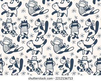 Seamless pattern - funny cartoon kittens. Black and white drawing.  Vector illustration.