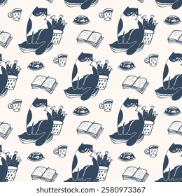 Seamless pattern - funny cartoon kittens. Black and white drawing.  Vector illustration.