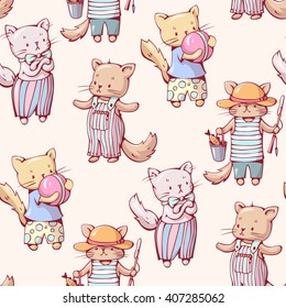 Seamless pattern - funny cartoon kittens. Hand-drawn illustration. Vector.