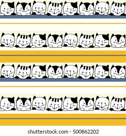 Seamless pattern with funny cartoon kittens and stripes. Vector illustration.