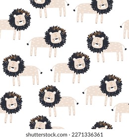 Seamless pattern with funny cartoon lion. Kids wildlife print. Vector hand drawn illustration.