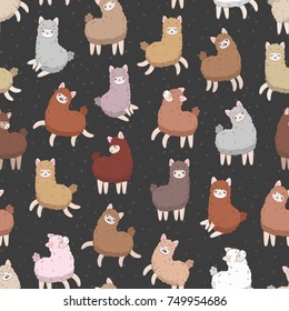 Seamless pattern with funny cartoon llama (alpaca) animals on dark background