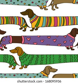 Seamless pattern with funny cartoon long Dachshund dogs dressed in colorful clothes