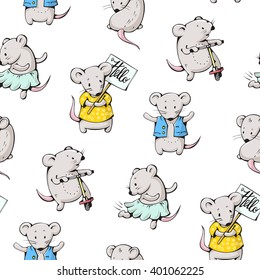 Seamless pattern - funny cartoon mice. Hand-drawn illustration. Vector.