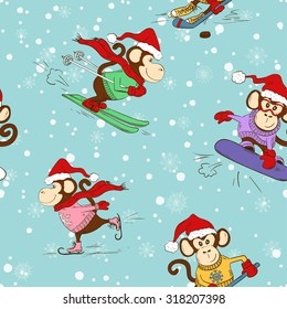 Seamless pattern of funny cartoon monkey doing winter sports. Skating, skiing, snowboarding and hockey.